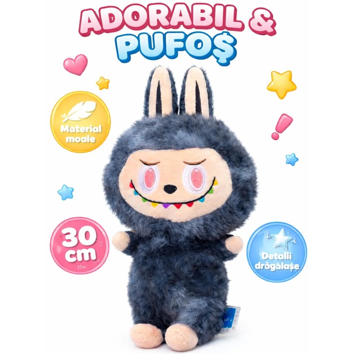 Jucarie Plus Labubu Mostrulet Dragalas 30cm, Negru, Design Unic cu Zambet Multicolor si Urechi de Iepuras