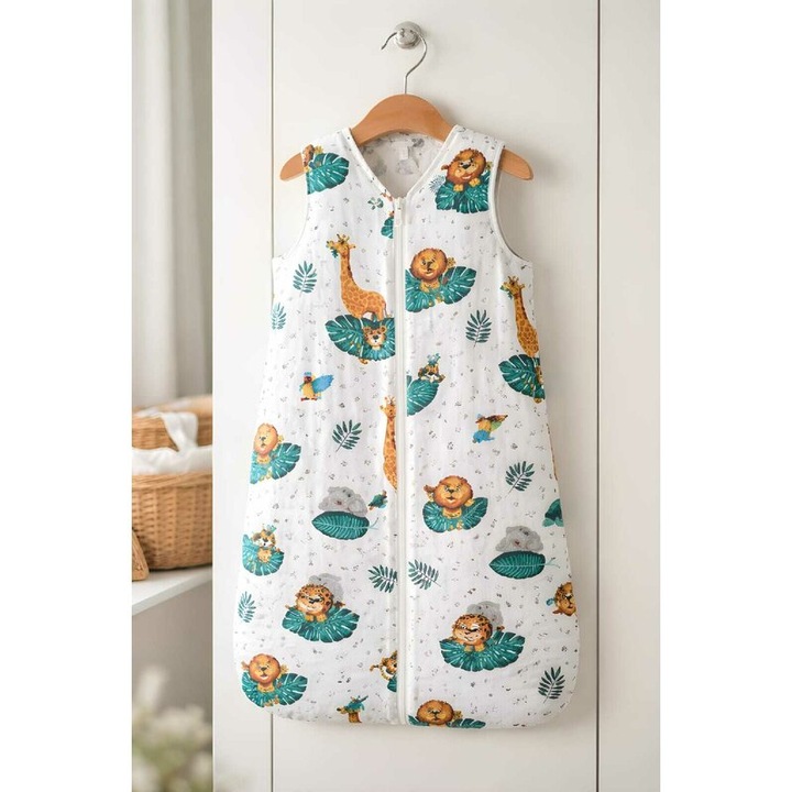 Sac de dormit, fara umplutura, doua straturi bumbac, animale in jungla, multicolor 75 CM