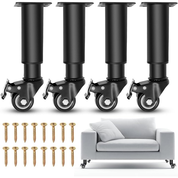 Set de 4 roti pentru mobilier, ajustabile pe inaltime, 14-16 cm, cu frana, rotire 360°, Otel, Negru, Cu suruburi de fixare - Picioare Mobila Pentru mobilier precum canapea, masuta de cafea