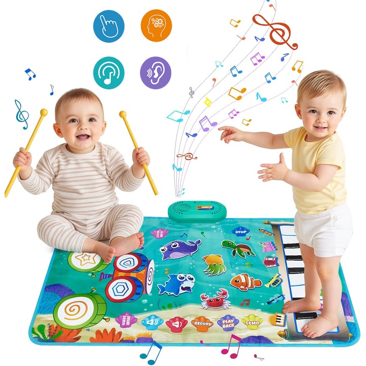 Covoras de dans muzical pentru copii, Bedee, Pian, set de tobe, cu bete de toba, 8 clape de pian, 13 melodii, Reglare a volumului pe 5 niveluri, posibilitatea de inregistrare, stimuleaza creativitatea, Un cadou perfect pentru prima ta aniversare