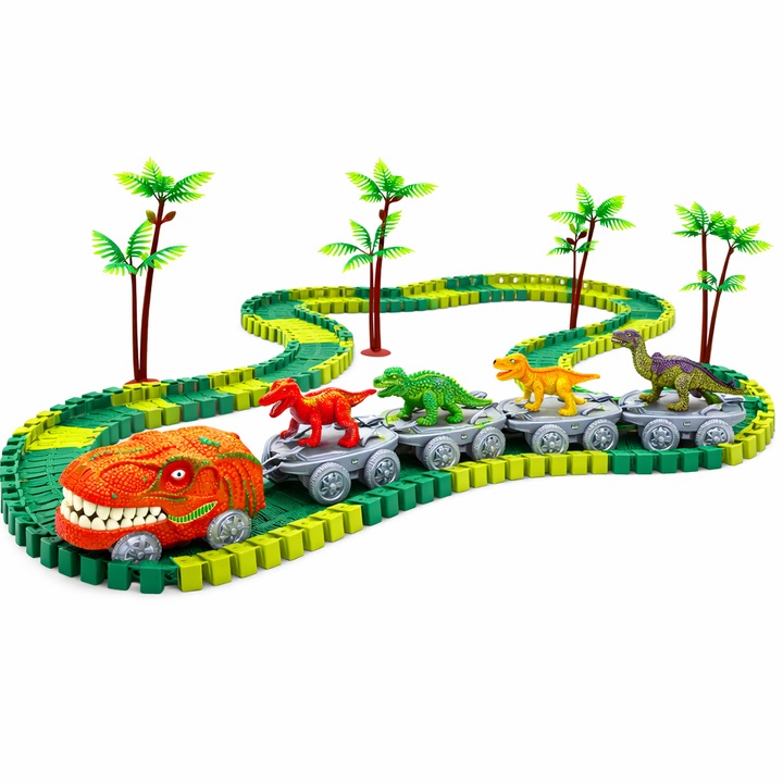 AZORA Elektromos Vonat Szett Dinoszauruszokkal, 195 darab, Moduláris Flexibilis Sín, Dinoszaurusz Fejű Mozdony LED Világítással, 4 Dinoszauruszos Autó Élethű T-Rex és Triceratops Dinoszauruszokkal, 6 Dekoratív Pálmafa, 4+ éves, STEM Oktató Játék, Zöld