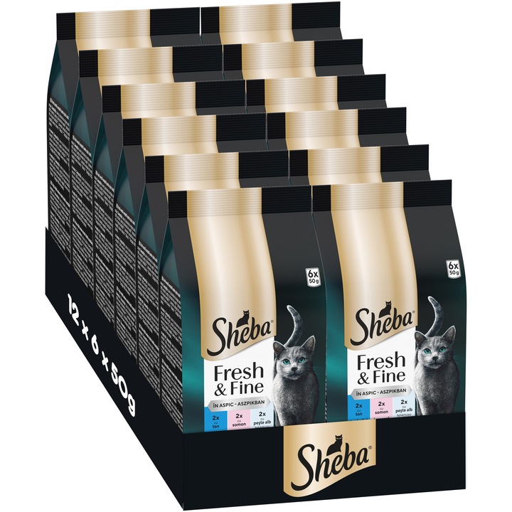 Hrana umeda pentru pisici adulte SHEBA Fresh & Fine, Ton si Somon, Aspic, 12x6x50g