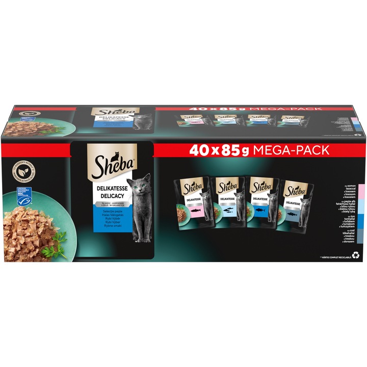 Hrana umeda pentru pisici adulte SHEBA Fine Flakes, Selectie Peste in Aspic, 40x85g