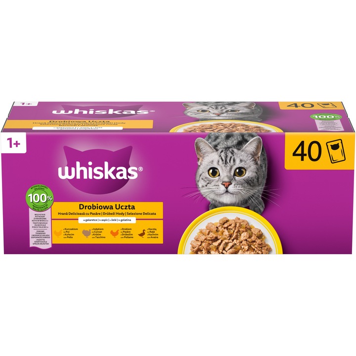 Hrana umeda pentru pisici adulte Whiskas, cu pasare in aspic, 40x85g