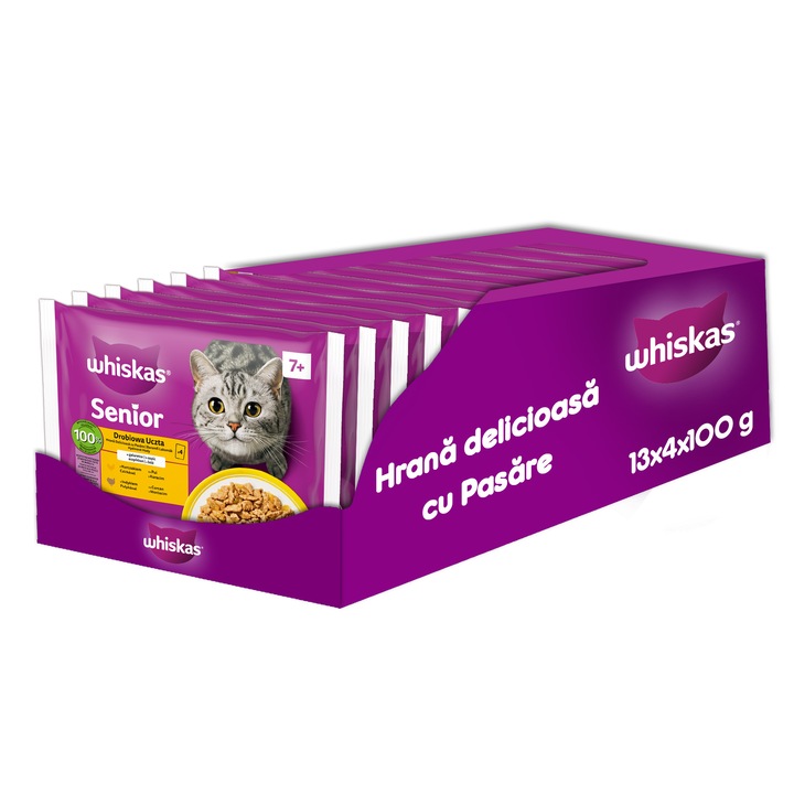 Hrana umeda pisici senioare 7+ Whiskas, cu pasare in aspic, 13x4x85g