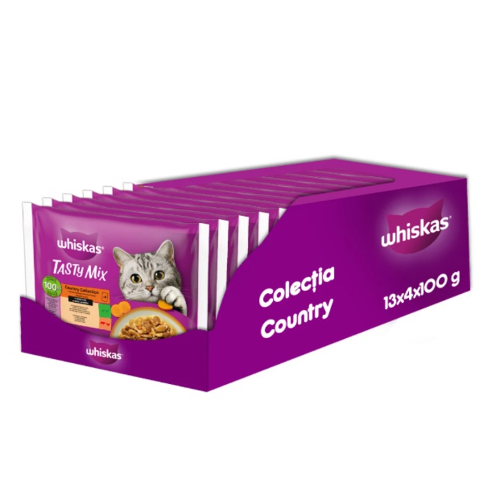 Hrana umeda pentru pisici adulte Whiskas Tasty Mix, in sos Colectia Country, 13x4x85g