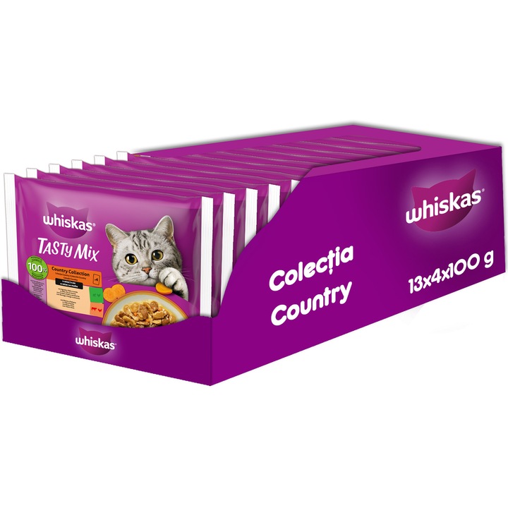 Hrana umeda pentru pisici adulte Whiskas Tasty Mix, in sos Colectia Country, 13x4x85g