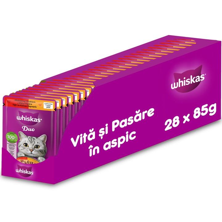 Hrana umeda pentru pisici adulte WHISKAS DUO in aspic, cu Vita si Pui, 28x85g
