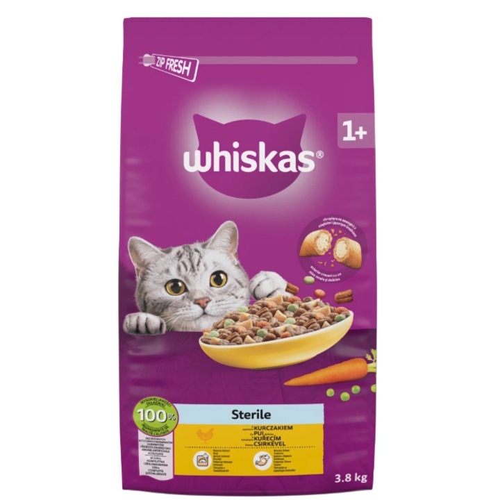 Hrana uscata pentru pisici sterilizate adulte Whiskas, Pui, 3.8kg