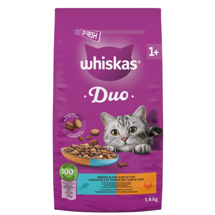 Hrana uscata pentru pisici adulte Whiskas DUO, Ton si Pui, 1.4kg