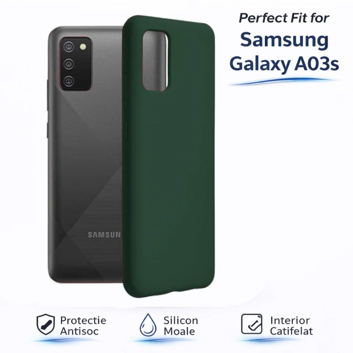 Husa pentru Samsung Galaxy A03S din Silicon Catifelat, Protectie Premium, Antisoc, set cu sticker, soft edge, Verde