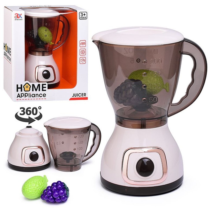 Játék turmixgép forgó lapátokkal, mérőedény, működő gomb, gyümölcs kiegészítők, 3+ év, 18x16x9cm