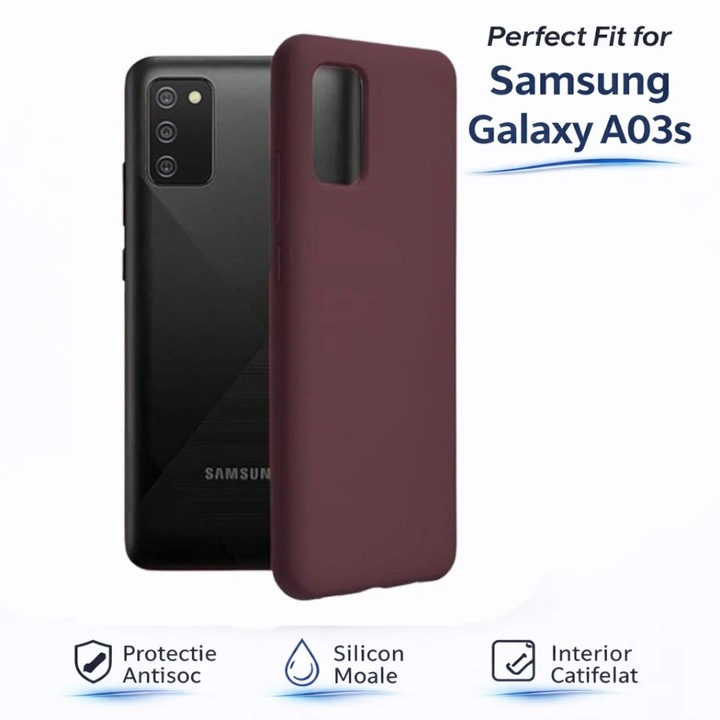 Husa pentru Samsung Galaxy A03S din Silicon Catifelat, Protectie Premium, Antisoc, set cu sticker, soft edge, Mov