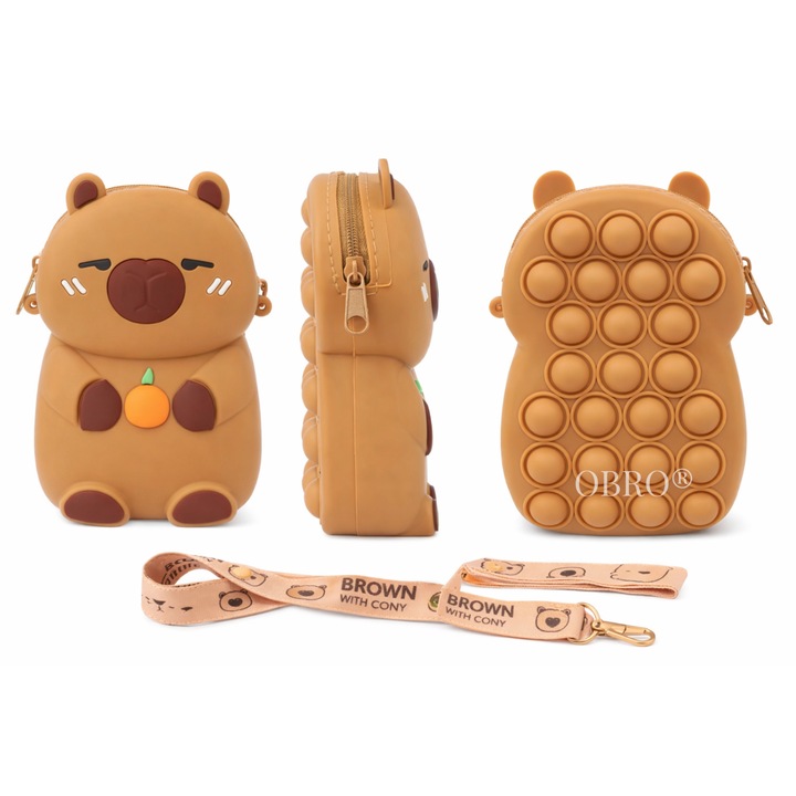 OBRO® Pop It 2 az 1-ben Capybara Lányoknak Kézitáska - Szilikon, Állítható Crossbody Pánt, Barna, 8.5x4x13.5 cm