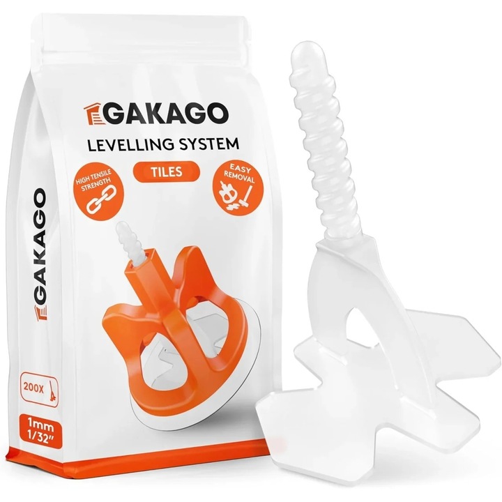 Set 200 tije pentru nivelarea placilor de faianta/gresie Gakago, plastic, alb/portocaliu, 1 mm