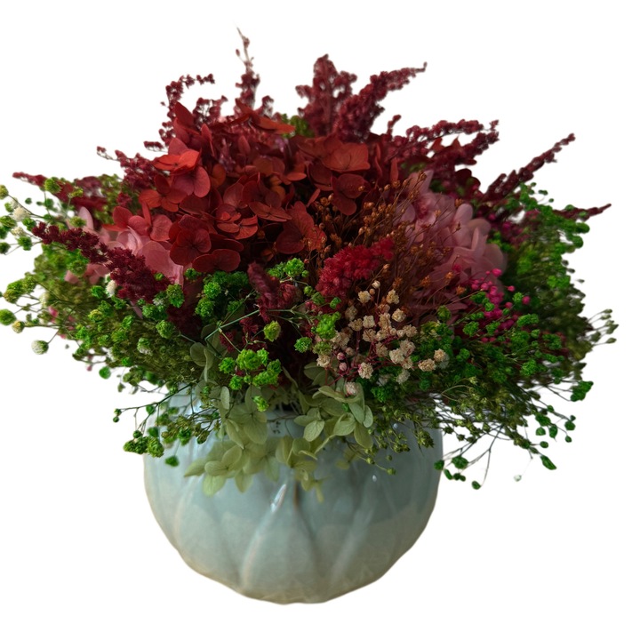 Aranjament floral cu flori uscate si criogenate in vas ceramic