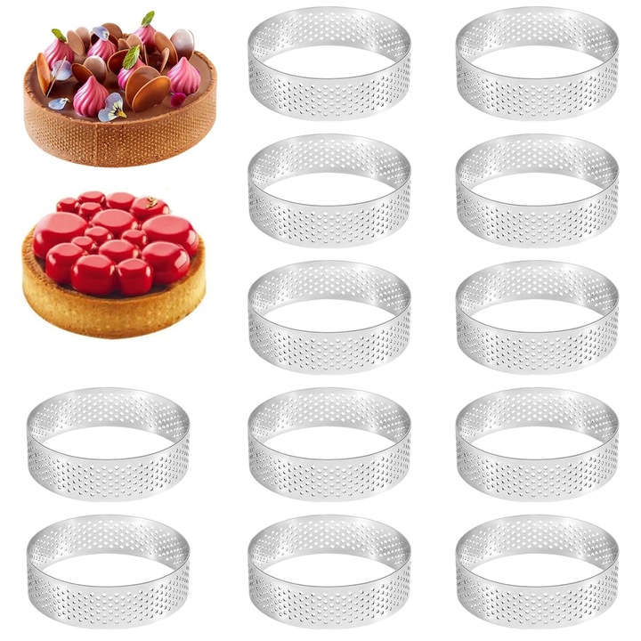 Set 12 bucati inel microporoz pentru crostata, oein®, 6 cm, din otel inoxidabil, anti-rugina, reutilizabil, pentru dulciuri, patiserie, mousse, pizza mini, torturi mici, muffin, Usor de eliberat pentru curatare