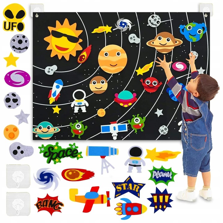 Covoras educativ, model sistem solar, 31 elemente detasabile, fetru, 103x75 cm