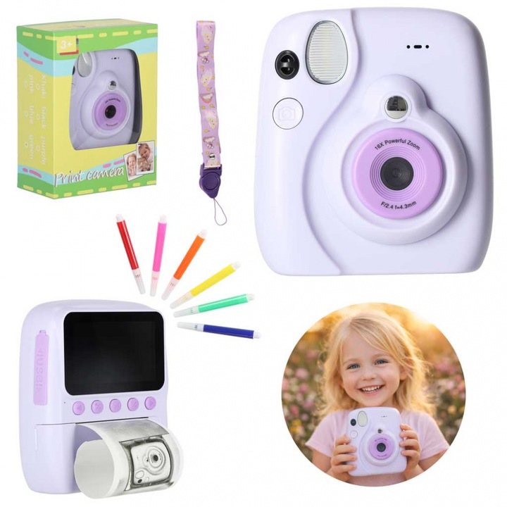 Camera foto digitala pentru copii purple, cu imprimanta termica, rezolutie video 2.5K UHD / 1080P / 720P, incarcare cablu USB-C, inregistrare video, filtre, efecte si zoom 16x