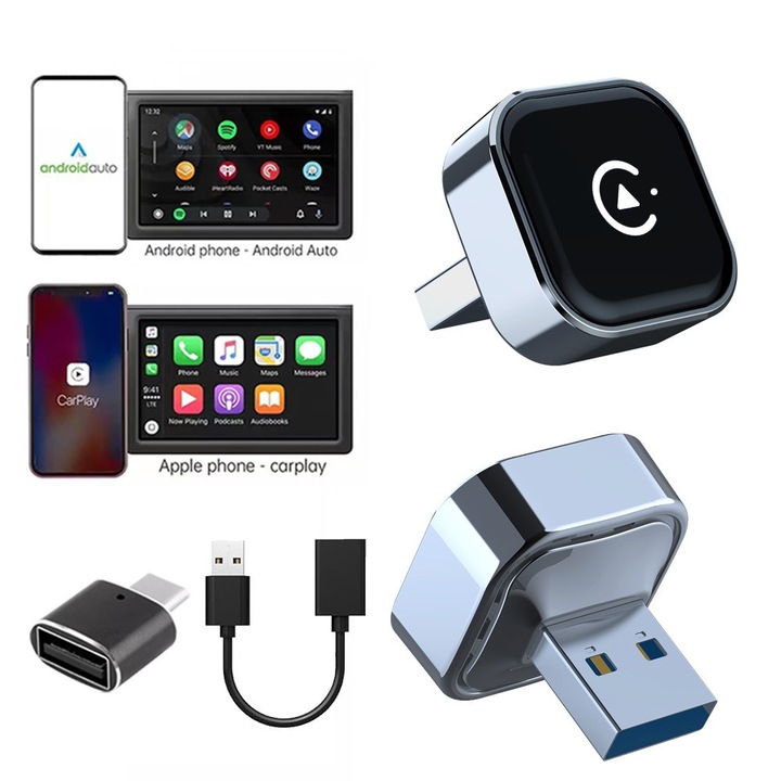 Adaptor wireless Xrok® 2-in-1 CarPlay si Android Auto, Bluetooth 5.0, WiFi 5GHz rapid, latenta redusa, OTA update, Plug & Play, multimedia fara fir, compatibil Mercedes-Benz si 99% masini cu CarPlay sau Android Auto
