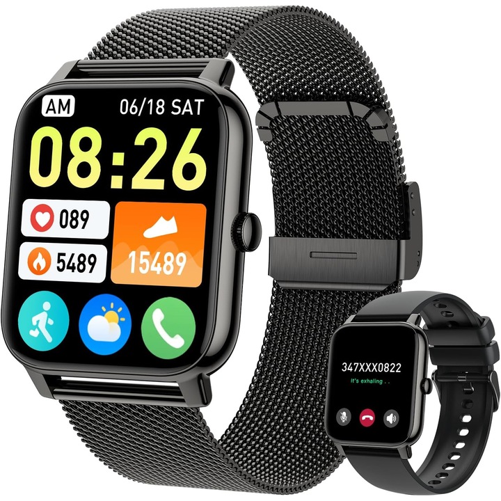 Ceas inteligent DELEE, monitorizare ritm cardiac, waterproof, 1.83 inch, unisex, set cu 2 bratari