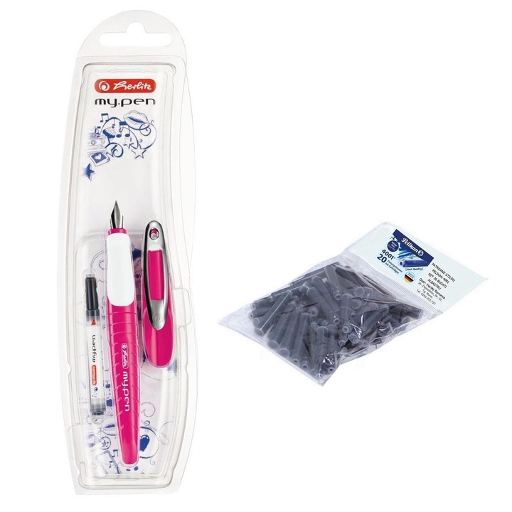 Set stilou Herlitz My.Pen roz-alb, blister, penita M, cu 20 rezerve Pelikan