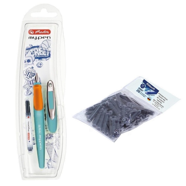 Set stilou Herlitz My.Pen turcoaz-portocaliu, blister, penita M, cu 20 rezerve Pelikan
