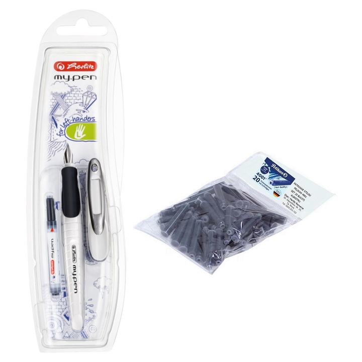Set stilou Herlitz My.Pen alb-negru, blister, penita L, cu 20 rezerve Pelikan