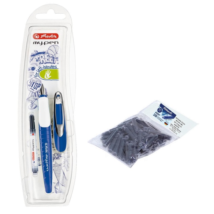 Set stilou Herlitz My.Pen albastru-alb, blister, penita L, cu 20 rezerve Pelikan