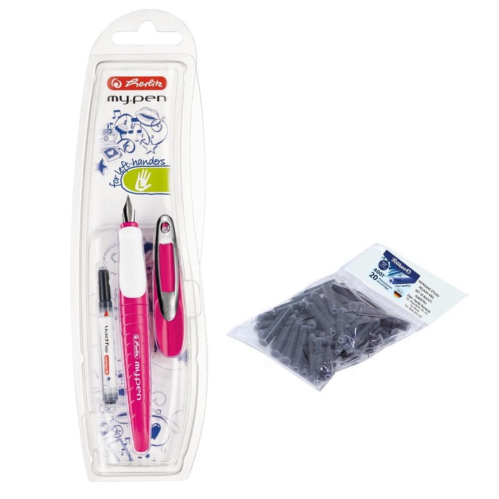Set stilou Herlitz My.Pen roz-alb, blister, penita L, cu 20 rezerve Pelikan