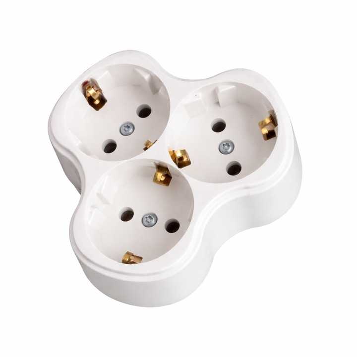 Stecher triplu DarAnDAm, alb, 3 prize Schuko, material rezistent, adaptor