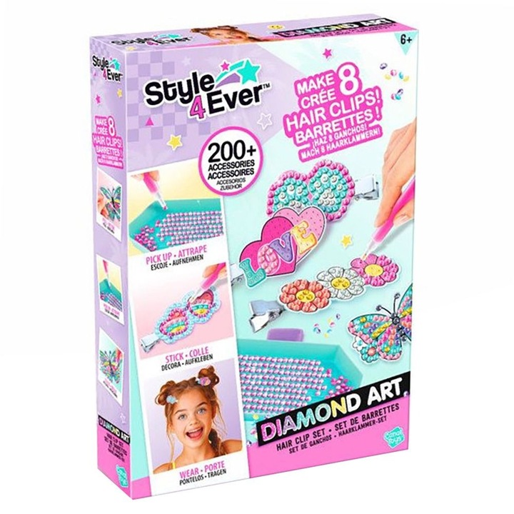 Set de creat 8 agrafe de par, Style 4 Ever, Diamond Art, Pentru copii, Multicolor