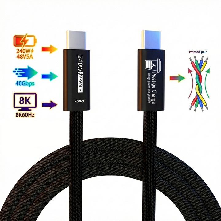 Cablu Premium USB-C 240W PRESTIGE CHARGE®, Transfer 40Gbps, Video 8K@60Hz, compatibil Thunderbolt 4, E-Marker, pentru Conectare Monitor Extern, Laptop, MacBook, HP, Dell, Tableta, iPhone 15/16/17 Pro & ProMax, Samsung, 1m, Nailon Impletit Rezistent, Negru