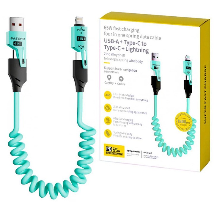 Cablu 4 in 1, Putere 65W, Lungime 1.5M, USB + Type-C + Lightning, Ondulat, Albastru