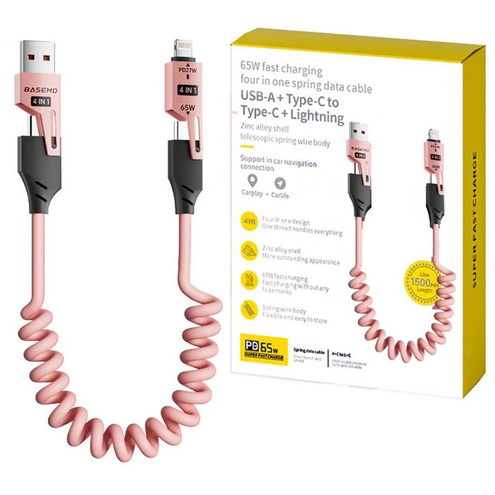 Cablu 4 in 1, Putere 65W, Lungime 1.5M, USB + Type-C + Lightning, Ondulat, Roz