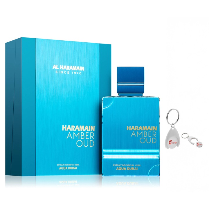 Set Extract de Parfum Amber Oud Aqua Dubai, Al Haramain, Unisex, 100ml cu Breloc Personalizat PMD