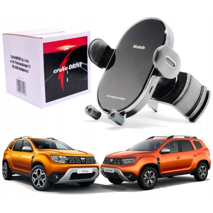 Telefon tartó töltéssel, CraVeDRIVE, Kompatibilis Dacia Duster 2, Dokker 2, Lodgy 2, Logan 2, Sandero 2 modellekkel, Fekete, Vezeték nélküli 15W, Infravörös érzékelő, Click