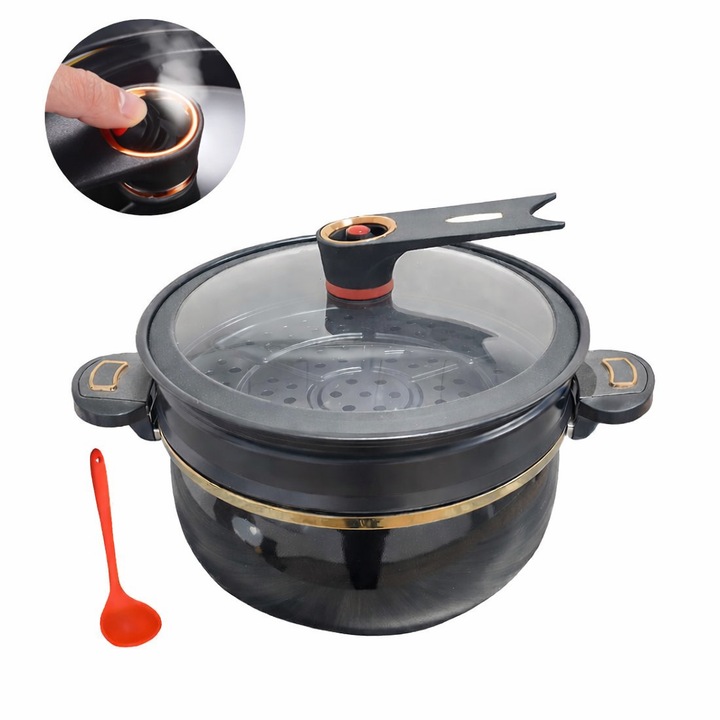 Oala Emailata 8L cu Capac din Sticla si Supapa Evacuare Abur, Antiaderenta, pentru Supe, Ciorbe si Tocanite, Negru