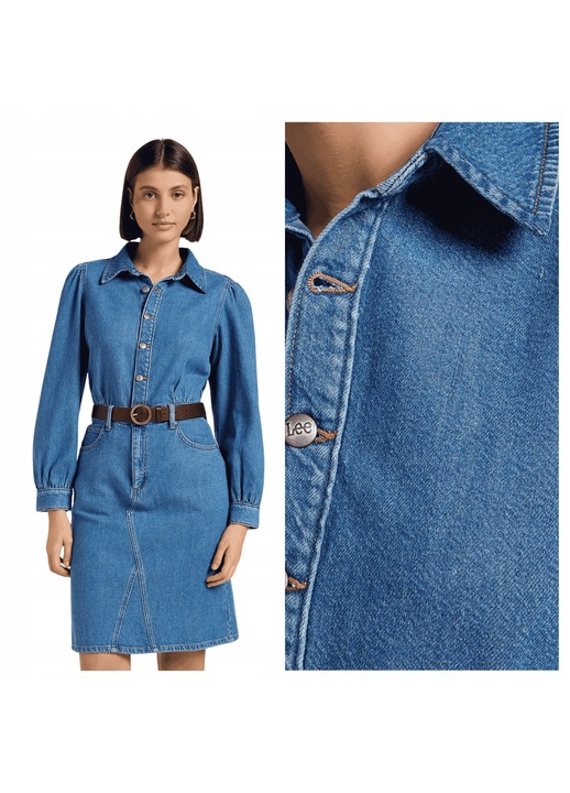 Rochie Dama, Lee, Long Sleeve Dress, Regular Fit, Cu Guler, Maneci Lungi, Denim Accent, Nasturi, Bumbac, Albastru, Albastru