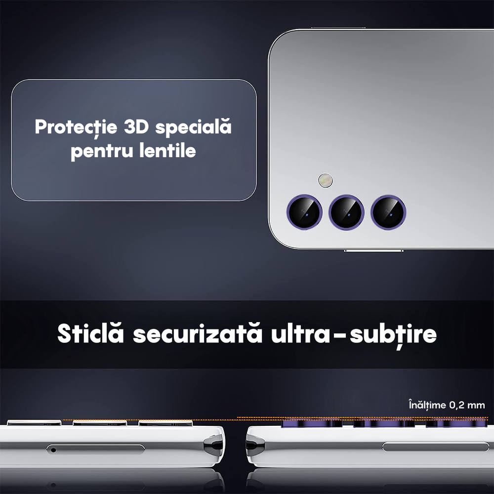 Folie Protectie Lentile Camera compatibila cu Samsung Galaxy S24, CASEY STUDIOS™ MaxDefense+, Ultra HD, Anti Amprente, Anti Zgarieturi, Anti Socuri, Mov Inchis