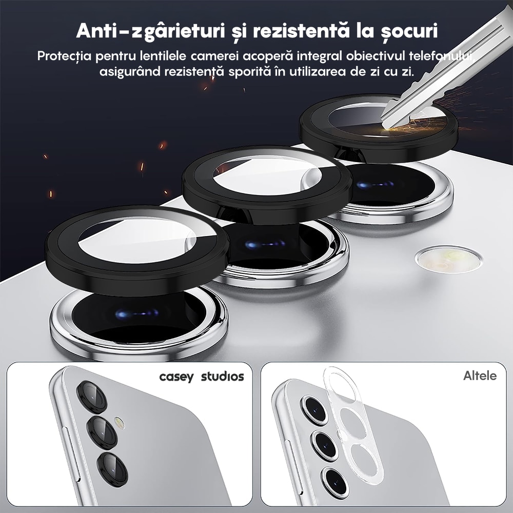 Folie Protectie Lentile Camera compatibila cu Samsung Galaxy S24 FE, CASEY STUDIOS™ MaxDefense+, Ultra HD, Anti Amprente, Anti Zgarieturi, Anti Socuri, Negru
