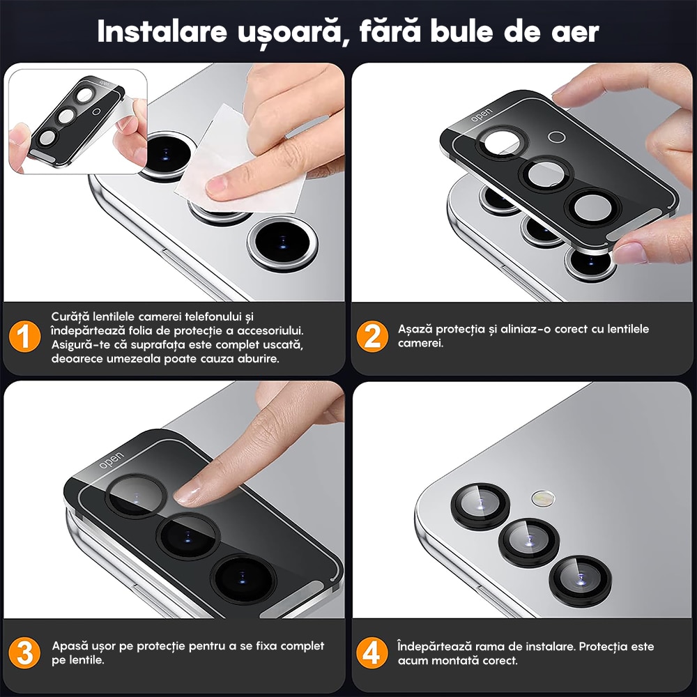 Folie Protectie Lentile Camera compatibila cu Samsung Galaxy S24 FE, CASEY STUDIOS™ MaxDefense+, Ultra HD, Anti Amprente, Anti Zgarieturi, Anti Socuri, Negru