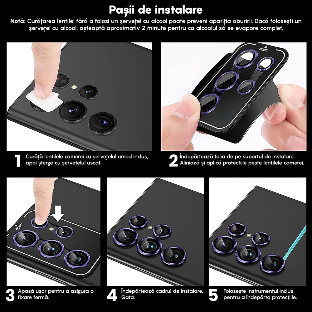 Folie Protectie Lentile Camera compatibila cu Samsung Galaxy S22 Ultra, CASEY STUDIOS™ MaxDefense+, Ultra HD, Anti Amprente, Anti Zgarieturi, Anti Socuri, Mov Inchis