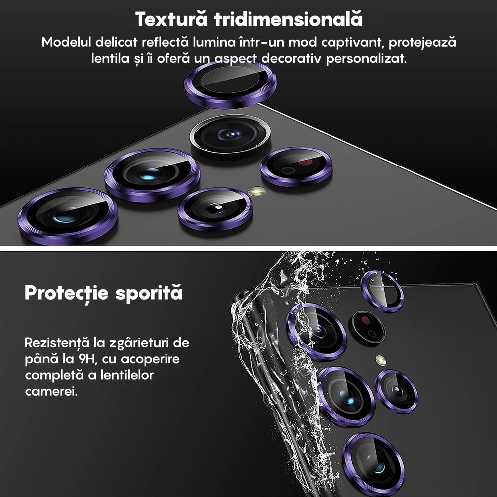 Folie Protectie Lentile Camera compatibila cu Samsung Galaxy S22 Ultra, CASEY STUDIOS™ MaxDefense+, Ultra HD, Anti Amprente, Anti Zgarieturi, Anti Socuri, Mov Inchis