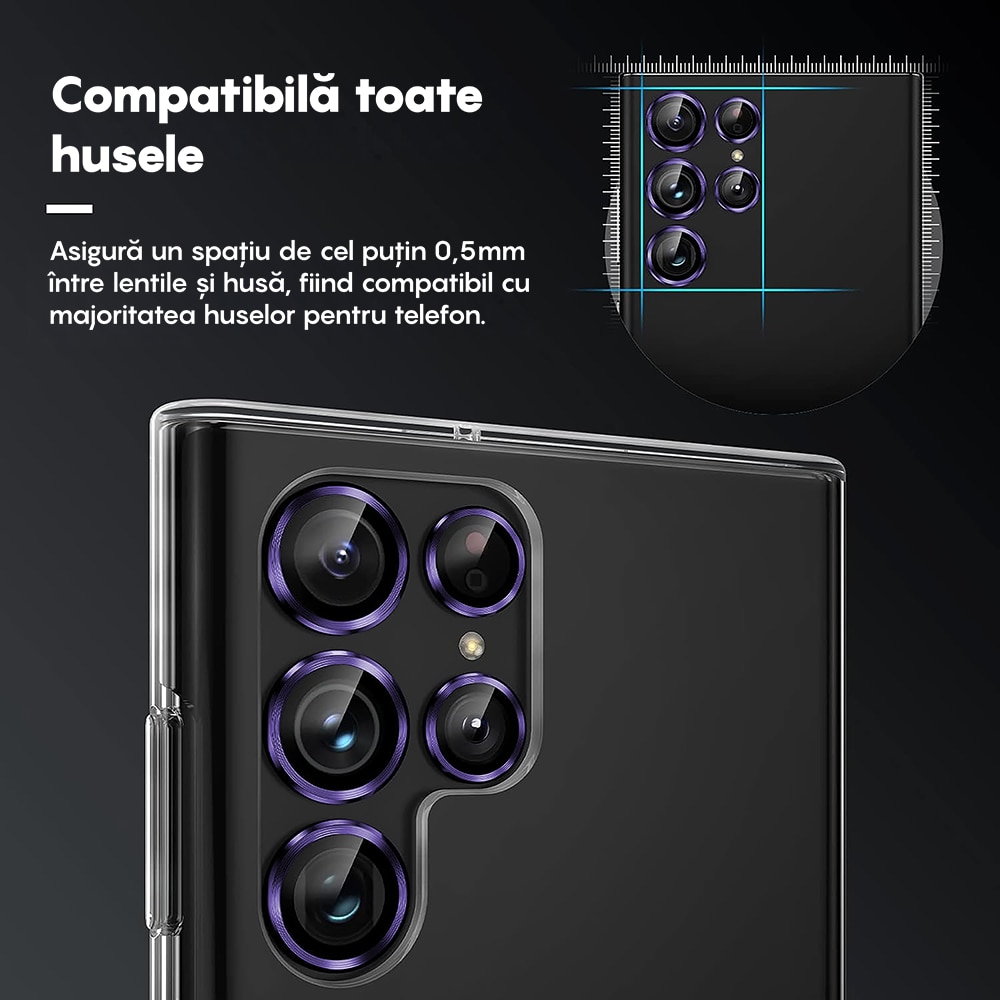 Folie Protectie Lentile Camera compatibila cu Samsung Galaxy S22 Ultra, CASEY STUDIOS™ MaxDefense+, Ultra HD, Anti Amprente, Anti Zgarieturi, Anti Socuri, Mov Inchis