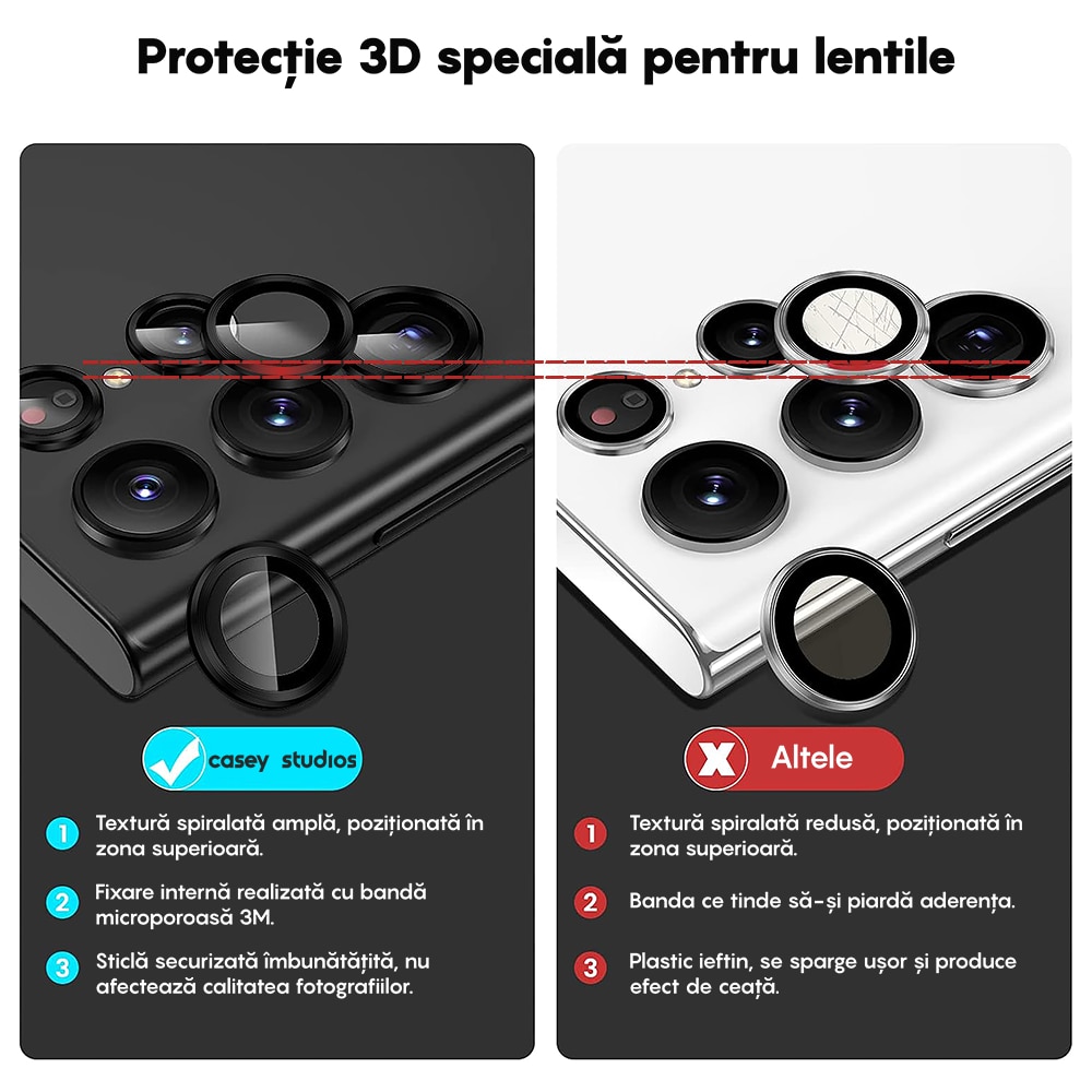 Folie Protectie Lentile Camera compatibila cu Samsung Galaxy S22 Ultra, CASEY STUDIOS™ MaxDefense+, Anti Zgarieturi, Anti Amprente, Ultra HD, Negru