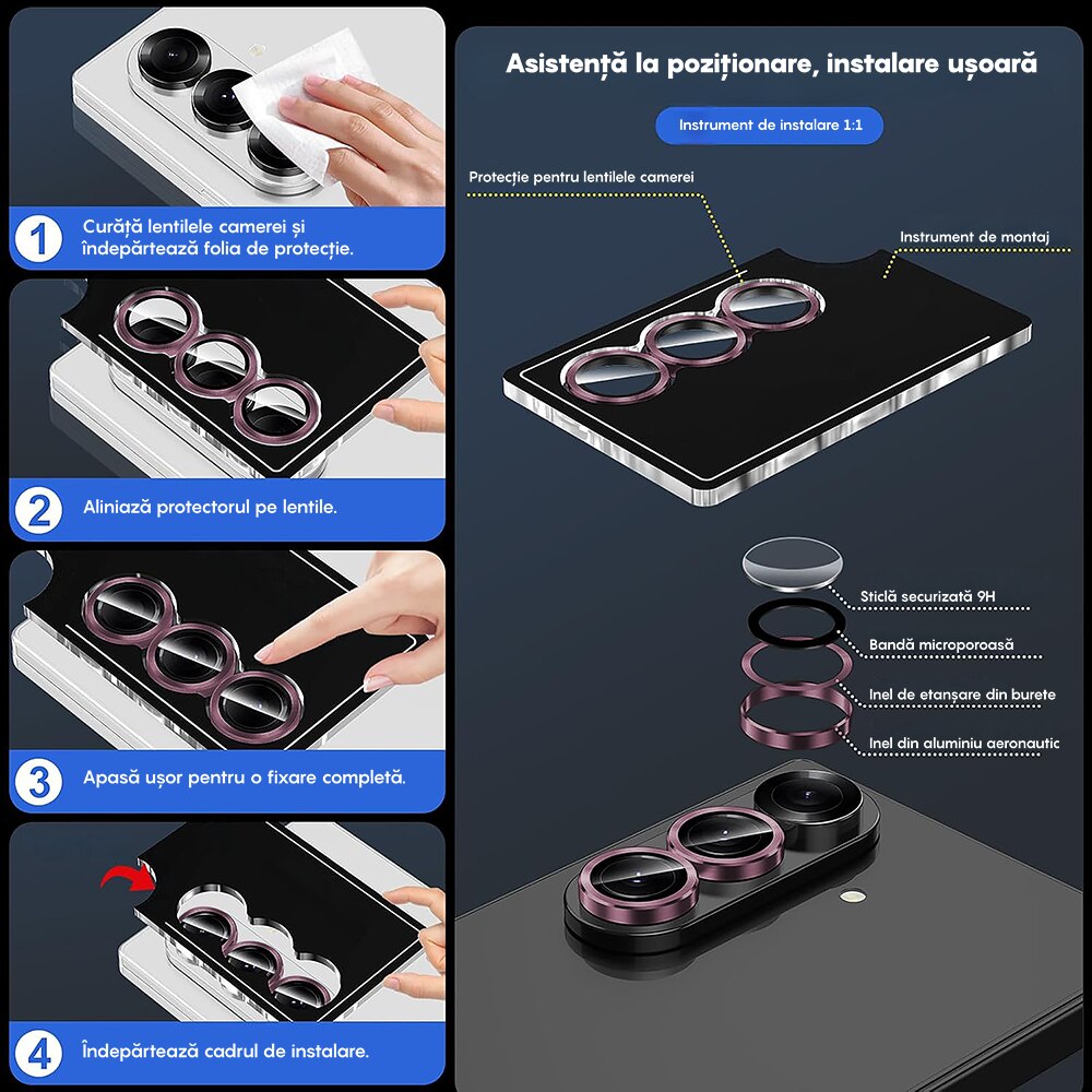 Folie Protectie Lentile Camera compatibila cu Samsung Galaxy Z Fold6, CASEY STUDIOS™ MaxDefense+, Ultra HD, Anti Amprente, Anti Zgarieturi, Anti Socuri, Roz