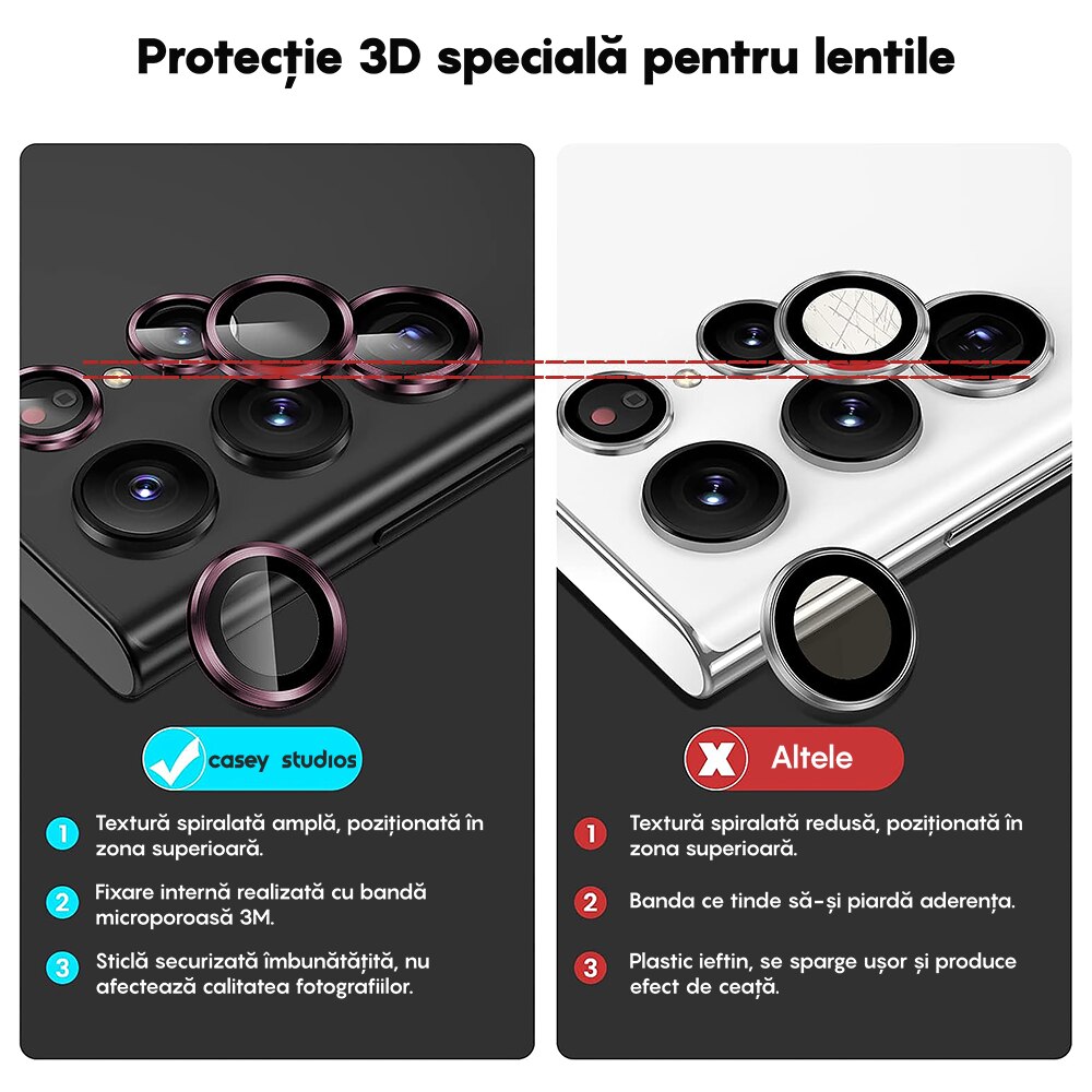 Folie Protectie Lentile Camera compatibila cu Samsung Galaxy S23 Ultra, CASEY STUDIOS™ MaxDefense+, Ultra HD, Anti Amprente, Anti Zgarieturi, Anti Socuri, Roz