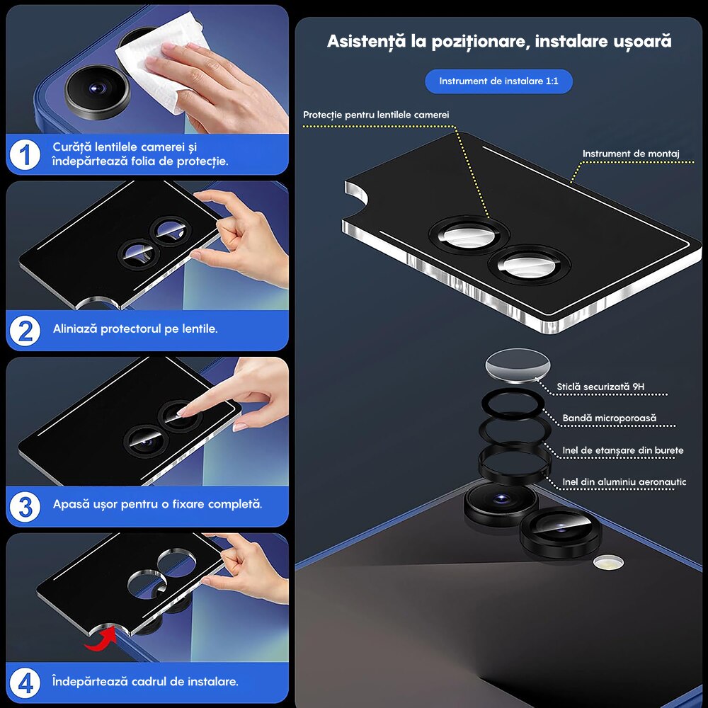 Folie Protectie Lentile Camera compatibila cu Samsung Galaxy Z Flip7, CASEY STUDIOS™ MaxDefense+, Ultra HD, Anti Amprente, Anti Zgarieturi, Anti Socuri, Negru