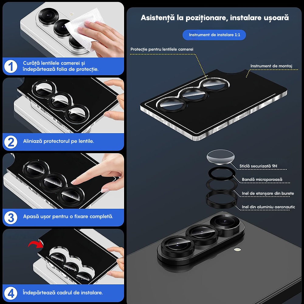 Folie Protectie Lentile Camera compatibila cu Samsung Galaxy Z Fold6, CASEY STUDIOS™ MaxDefense+, Ultra HD, Anti Amprente, Anti Zgarieturi, Anti Socuri, Negru